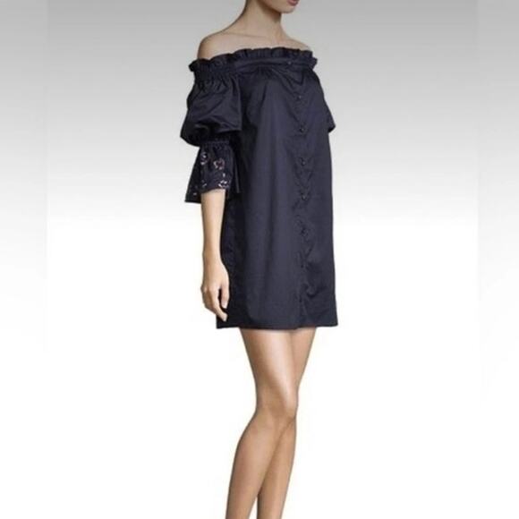 NWT Parker off the shoulder floral Embroidery Navy Blue Large mini dress - Picture 1 of 13
